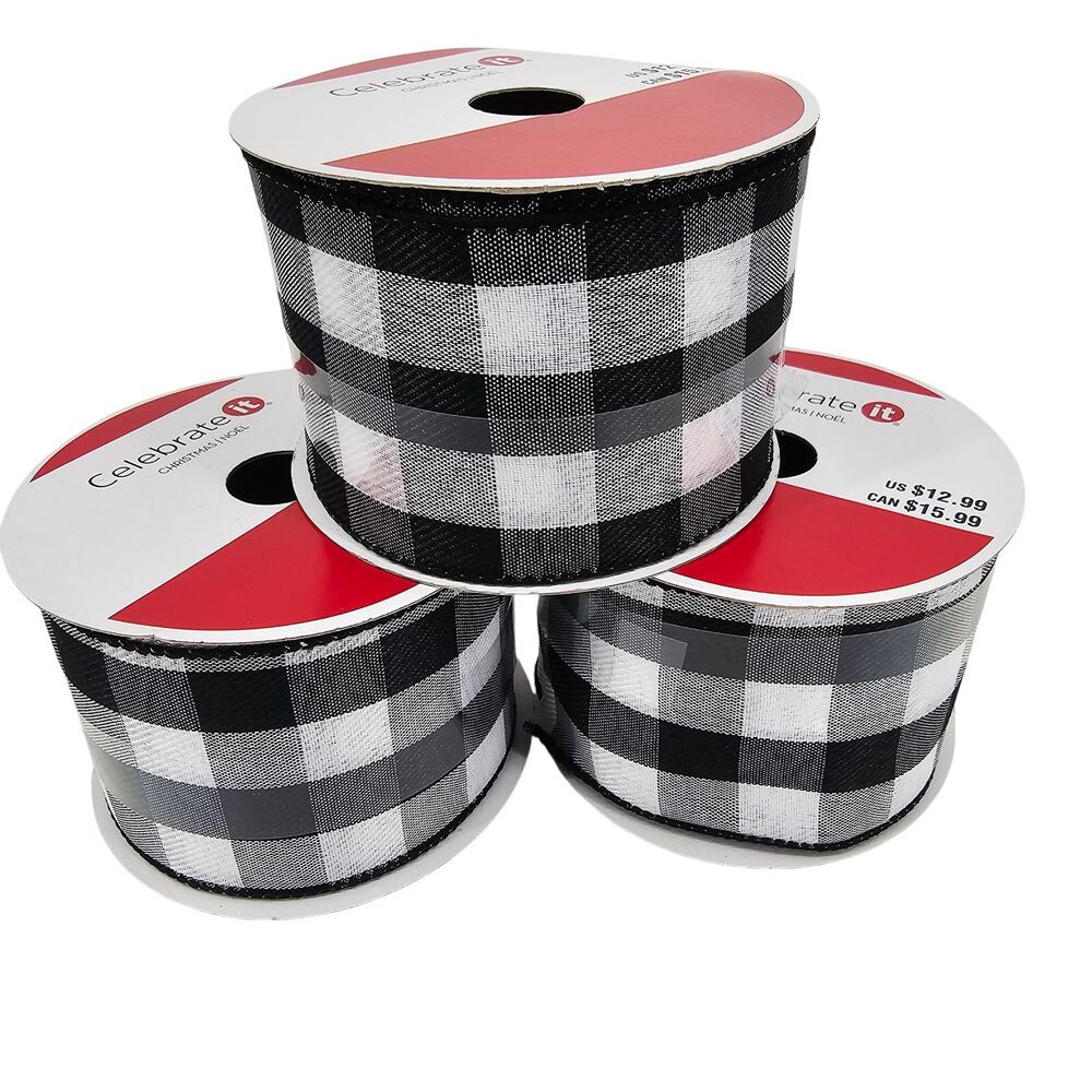 3 Celebrate It Holiday Black & White Plaid Checkered Wired Ribbon 2.5" x 20 ft